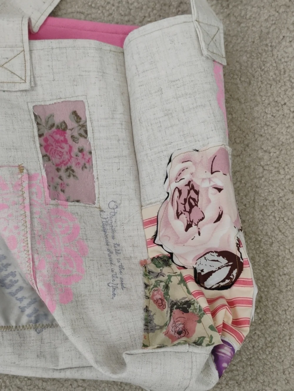 OOAK Handcrafted Upcycled Canvas Tote Bag Cat Butterfly Patchwork Floral